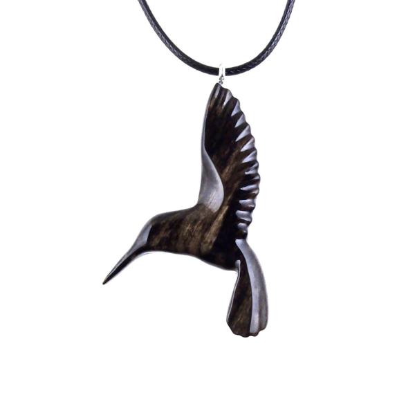 Black with cream streaks reversible wooden hummingbird pendant with 18 inches black cord necklace with lobster clasp.