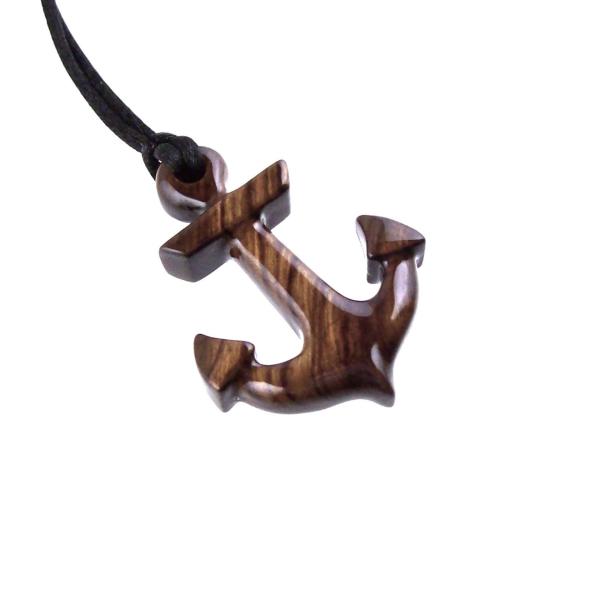 Reversible brown wooden anchor pendant with black satin cord necklace.