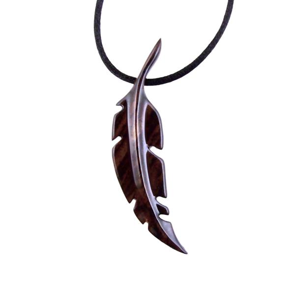 Reddish-brown reversible wooden feather pendant with black satin cord.