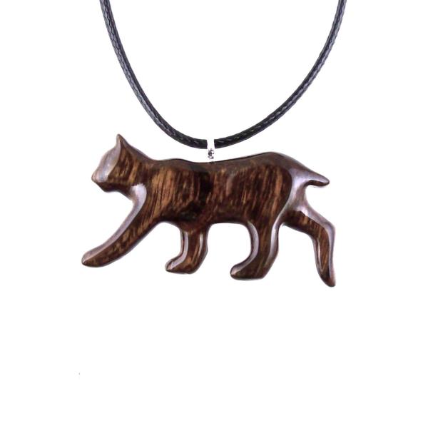 Brown reversible wooden walking bobcat pendant with 18 inches black cord necklace with lobster clasp.