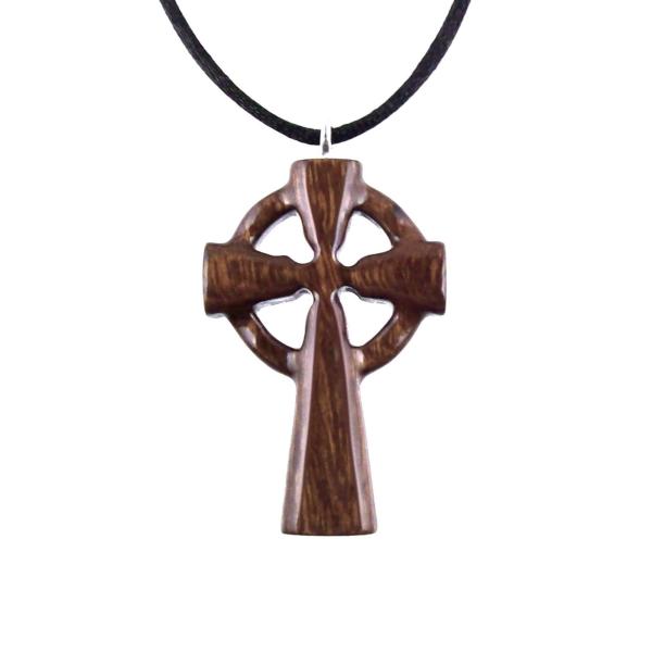 Reversible Brown Wooden Celtic Cross Pendant with black satin cord necklace.