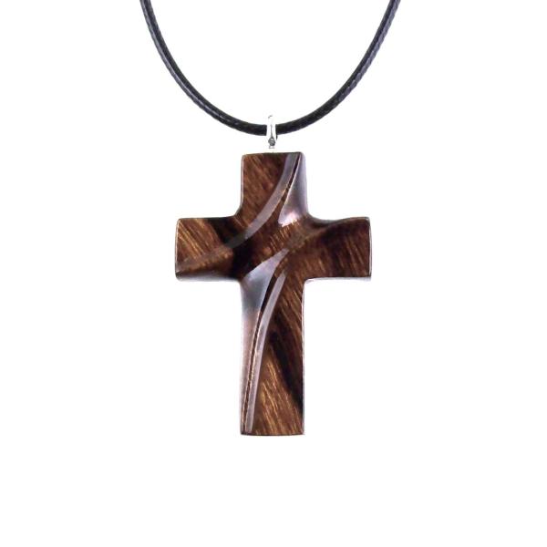 Brown reversible wooden cross pendant with 18 inches black cord necklace with lobster clasp.