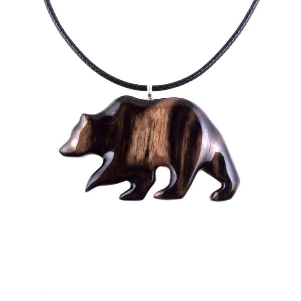 Black with brown streaks reversible, three-dimensional, walking wooden grizzly bear pendant with 18 inches black cord necklace with lobster clasp