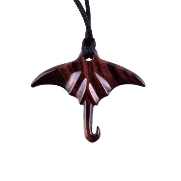 Manta Ray Necklace, Hand Carved Wooden Stingray Pendant, Mens Wood Necklace, Sea Animal Nautical Jewelry Gift for Him