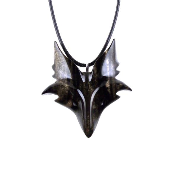 Black with cream streaks wooden fox head pendant with 18 inches black cord necklace with lobster clasp.