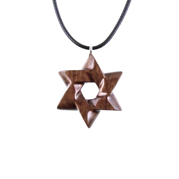 Reversible Brown Wooden Star of David Pendant with 18 inches black cord necklace.