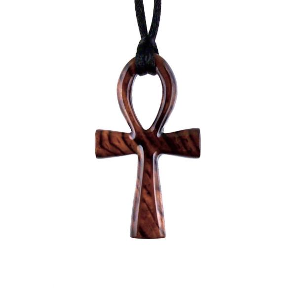 Reversible reddish-brown wooden ankh pendant with black satin cord looped through the hole.