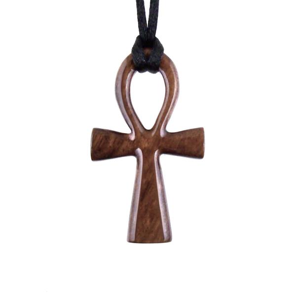 Reversible brown wooden ankh pendant with black satin cord.