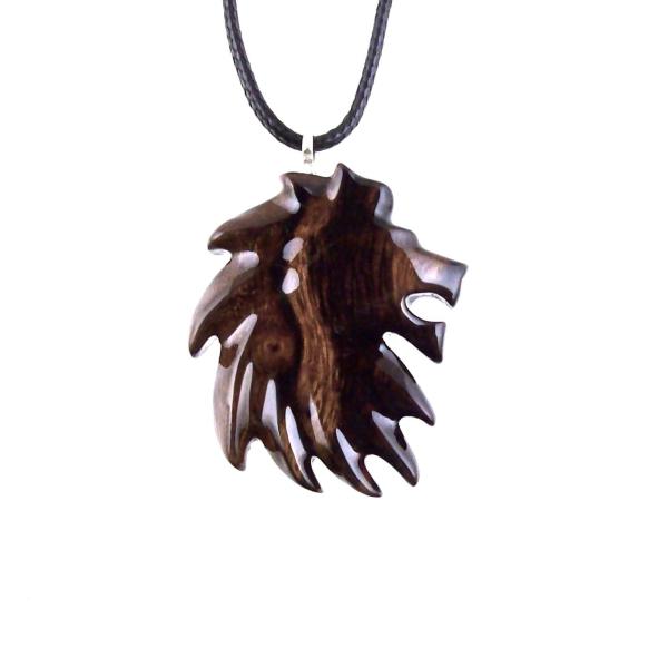 Hand Carved Wooden Lion Head Pendant, Men Wood Necklace, Handmade One of a Kind Leo Jewelry Gift for Him