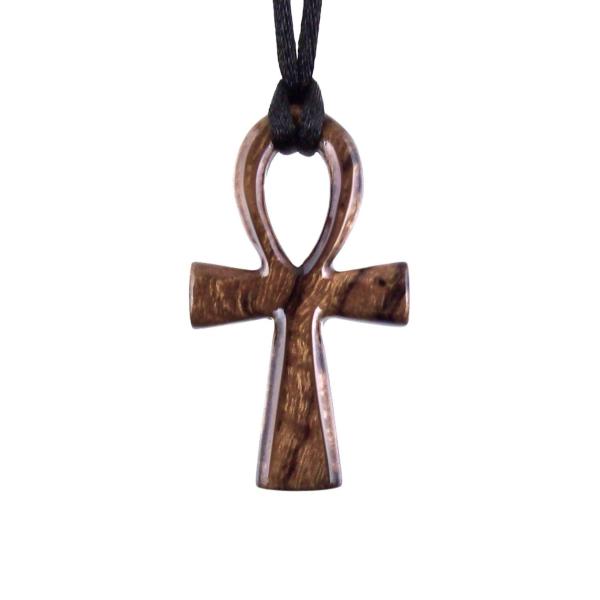 Reversible brown wooden ankh pendant with black satin cord.