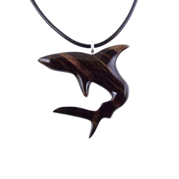 Shark Pendant, Hand Carved Wooden Shark Necklace, Mens Wood Pendant, Nautical Jewelry Gift for Him in Black with Brown Streaks