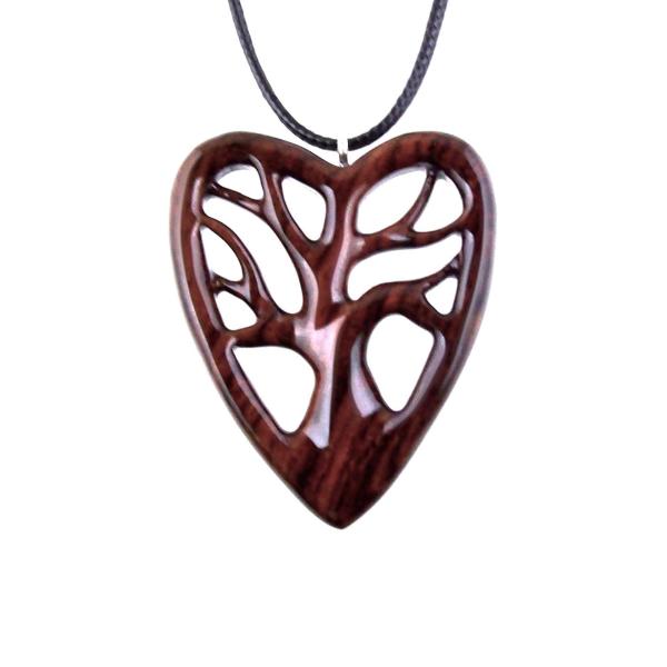 Hand Carved Wooden Heart Necklace - Tree of Life Pendant, Wedding 5th Anniversary Gift for Her, One-of-a-Kind Wood Jewelry