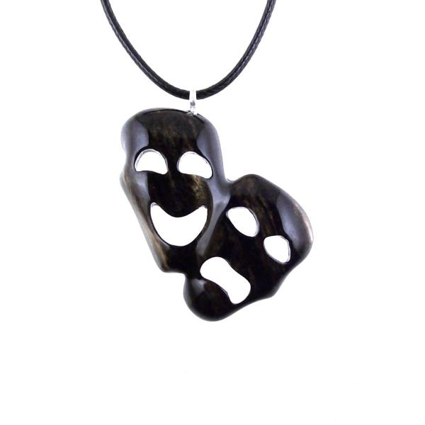 Black with cream streaks wooden comedy tragedy pendant with 18 inches black cord necklace with lobster clasp