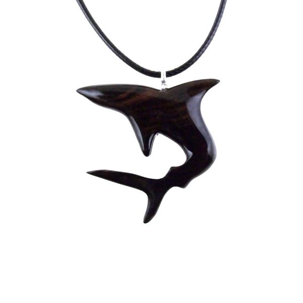 Shark Pendant, Hand Carved Wooden Shark Necklace, Mens Wood Pendant, Nautical Jewelry Gift for Him in Black with Brown Streaks