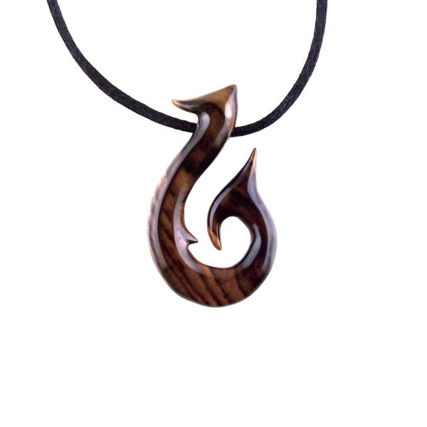 Hand Carved Fish Hook Pendant, Mens Wood Necklace, One of a Kind Wooden Fisherman Jewelry