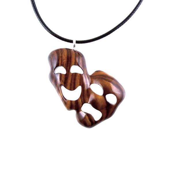 Hand Carved Comedy Tragedy Mask Necklace, Wooden Mask Pendant, Drama Necklace for Men or Women, Theatre Wood Jewelry