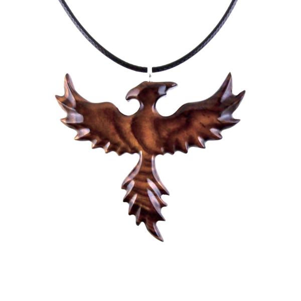 Hand Carved Phoenix Necklace, Wooden Rising Phoenix Pendant for Men or Women, Wood Firebird Necklace, Fantasy Inspirational Jewelry