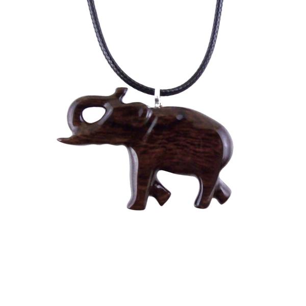 A dark brown wooden elephant pendant on a black cord necklace. The elephant is carved with intricate details and has a raised trunk.