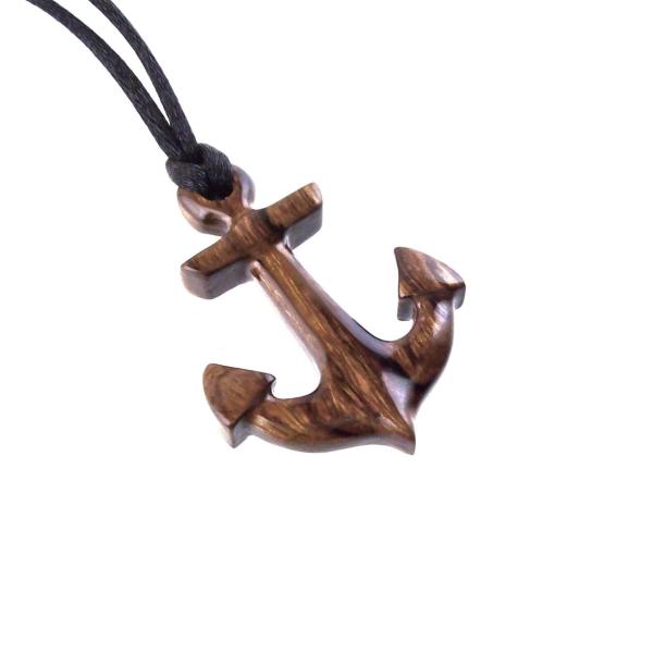 A wooden anchor pendant necklace with black satin cord.