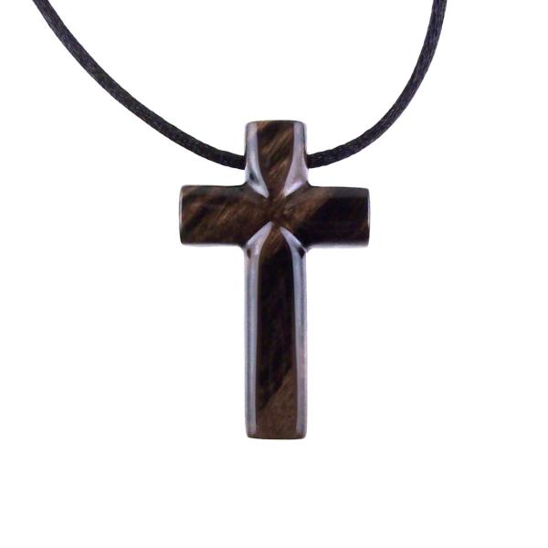 Hand Carved Wood Cross Necklace, Wooden Cross Pendant, Christian Jewelry for Men in Black with Brown Streaks