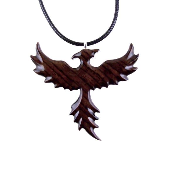 Hand Carved Phoenix Necklace, Wooden Rising Phoenix Pendant for Men or Women, Wood Firebird Necklace, Fantasy Inspirational Jewelry