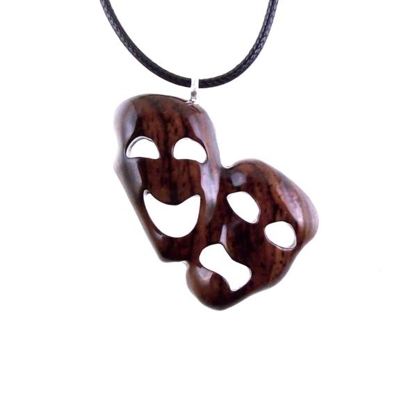 Hand Carved Comedy Tragedy Mask Necklace, Wooden Mask Pendant, Drama Necklace for Men or Women, Theatre Wood Jewelry