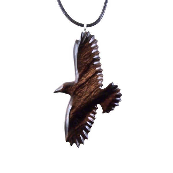 Hand Carved Raven Necklace, Wooden Crow Pendant, Totem Wood Bird Jewelry Handcrafted Gift