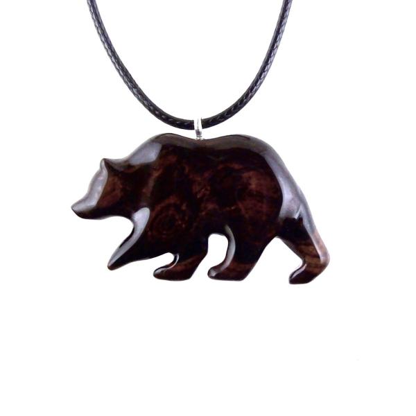 Wood Bear Necklace, Hand Carved Wooden Grizzly Bear Pendant for Men or Women, Spirit Animal Totem Jewelry Gift for Him Her