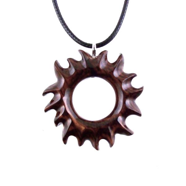 Hand Carved Sun Wooden Necklace, Celestial Sunburst Pendant, Solar Eclipse Wood Jewelry