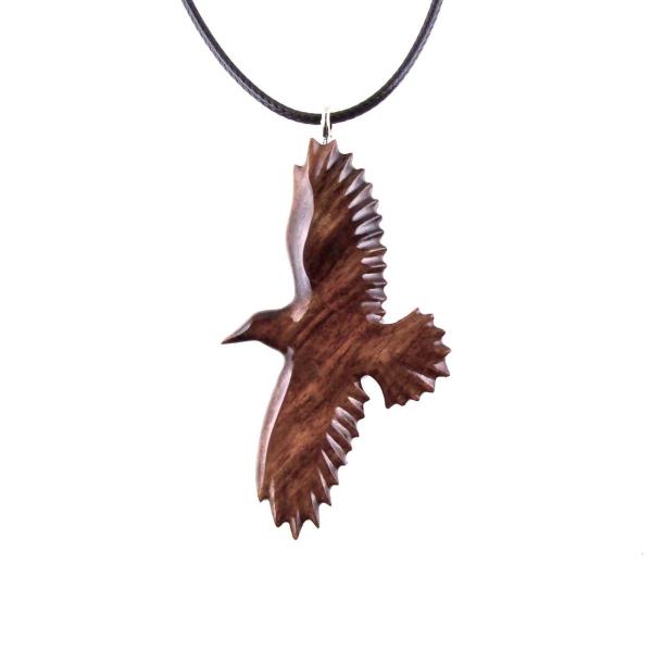 Hand Carved Raven Pendant, Wooden Crow Necklace, Wood Bird Jewelry for Men Women