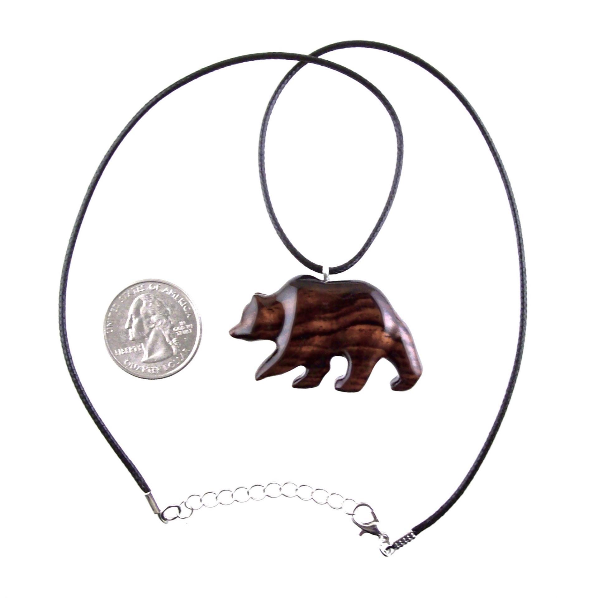 Wood Bear Necklace, Hand Carved Wooden Grizzly Bear Pendant for Men or Women, Spirit Animal Totem Jewelry Gift for Him Her