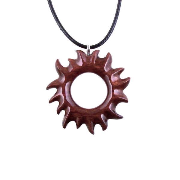 Sun Pendant, Hand Carved Wooden Sun Necklace, Solar Eclipse Celestial Wood Jewelry