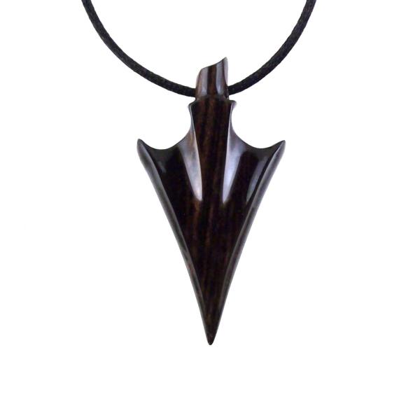 Hand Carved Arrowhead Necklace, Wooden Arrow Pendant, Men Jewelry in Black with Brown Streaks